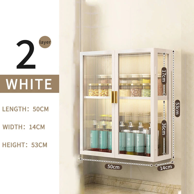 3-Tier Metal Spice Organizer Rack Wall Mount Seasoning Box Punch-Free Bathroom Toilet Vanity Storage Cabinet Dust-Proof Shelf