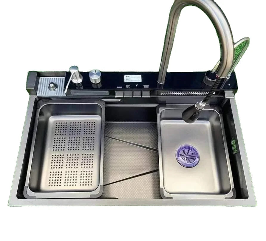 Hot Sale Stainless Steel 304 Single Bowl Kitchen Handmade Sinks Counter Single Piano Button Waterfall Design with Faucet