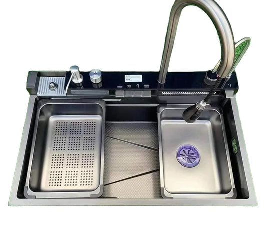 Hot Sale Stainless Steel 304 Single Bowl Kitchen Handmade Sinks Counter Single Piano Button Waterfall Design with Faucet