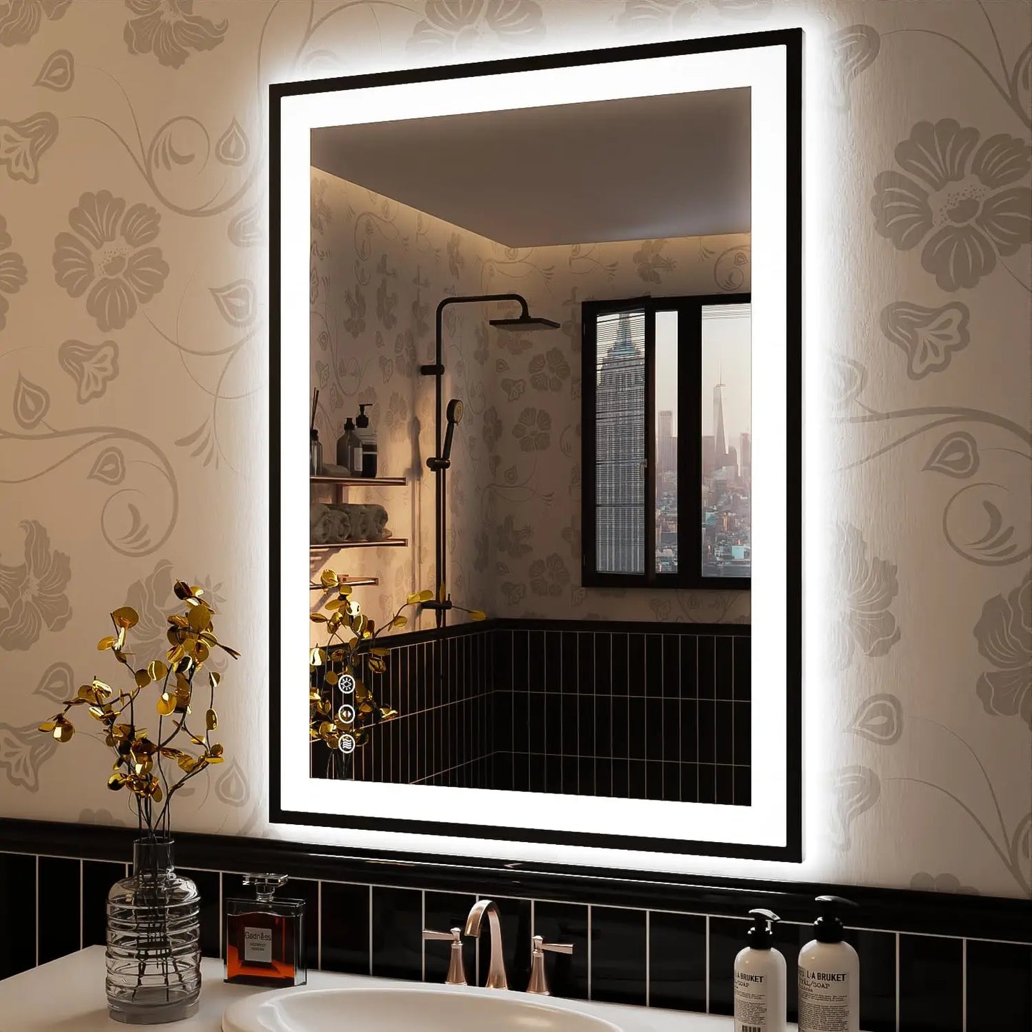 Modern Rectangular LED Light Wall-Mounted Smart Mirror for Bathroom Vanity Hotel Illuminated Graphic Design Solution Available