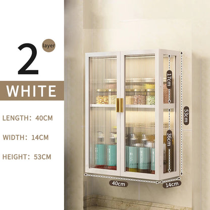 3-Tier Metal Spice Organizer Rack Wall Mount Seasoning Box Punch-Free Bathroom Toilet Vanity Storage Cabinet Dust-Proof Shelf
