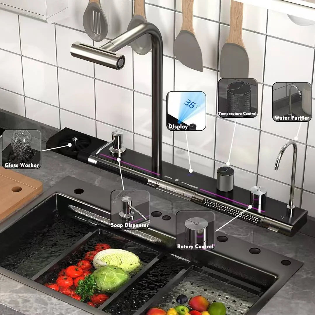 2025 Popular Large Single Slot Multifunction Sink Anti-Scratch LED Digital Display 304 Stainless Steel Waterfall Kitchen Sinks
