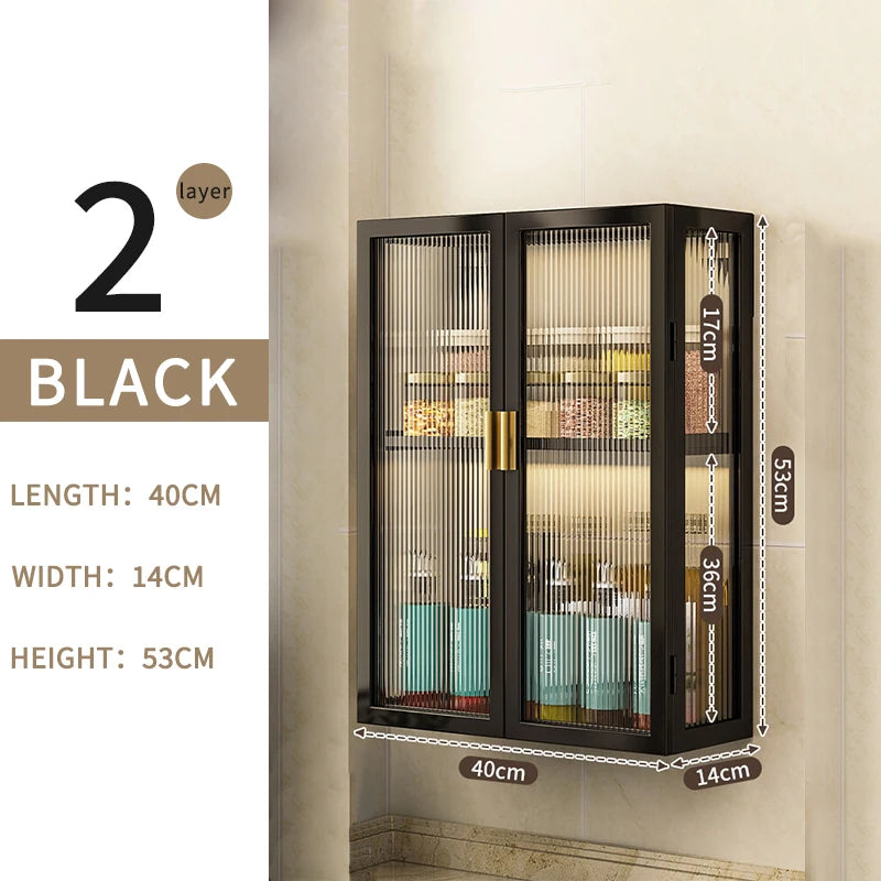 3-Tier Metal Spice Organizer Rack Wall Mount Seasoning Box Punch-Free Bathroom Toilet Vanity Storage Cabinet Dust-Proof Shelf