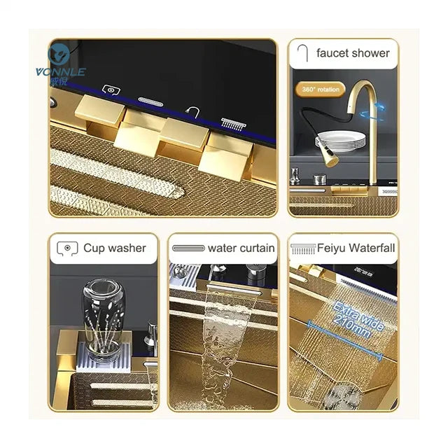 Tiktok New Trend Gold Waterfall One Piece Faucet Nano 304 Sus Waterfall Faucet 5 Piano Key Golden Farmhouse Kitchen Sinks