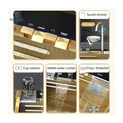 Tiktok New Trend Gold Waterfall One Piece Faucet Nano 304 Sus Waterfall Faucet 5 Piano Key Golden Farmhouse Kitchen Sinks