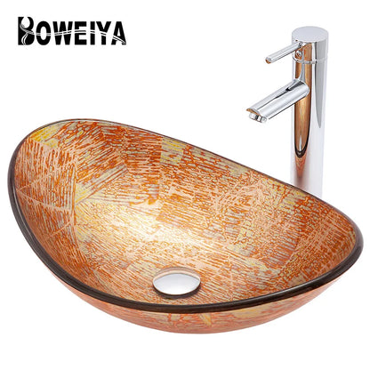 Apartment Modern Gold Painted Orange Engraving Design Lavabo Oval Glass Bathroom Sink Vanity Wash Basin