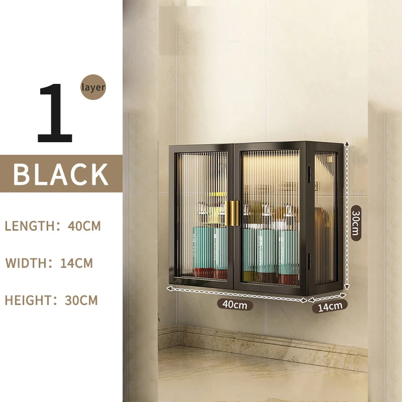 3-Tier Metal Spice Organizer Rack Wall Mount Seasoning Box Punch-Free Bathroom Toilet Vanity Storage Cabinet Dust-Proof Shelf