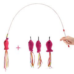 Elastic Metal Boom Tease Cat Stick Funny Wand Toy + 3 Pcs Replaceable Plush Fake Fishes Interactive With Kitten Pets Make Fun