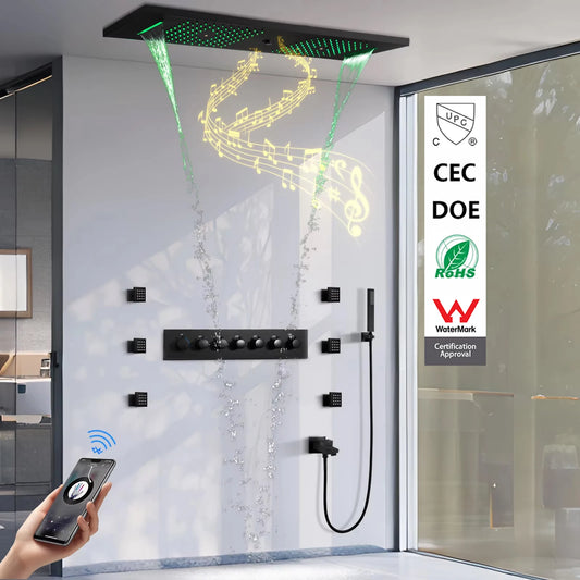 Luxury Bluetooth Concealed Ceiling Shower System with Led Lights and Thermostat Modern Bathroom Hidden Faucet with Body Jet