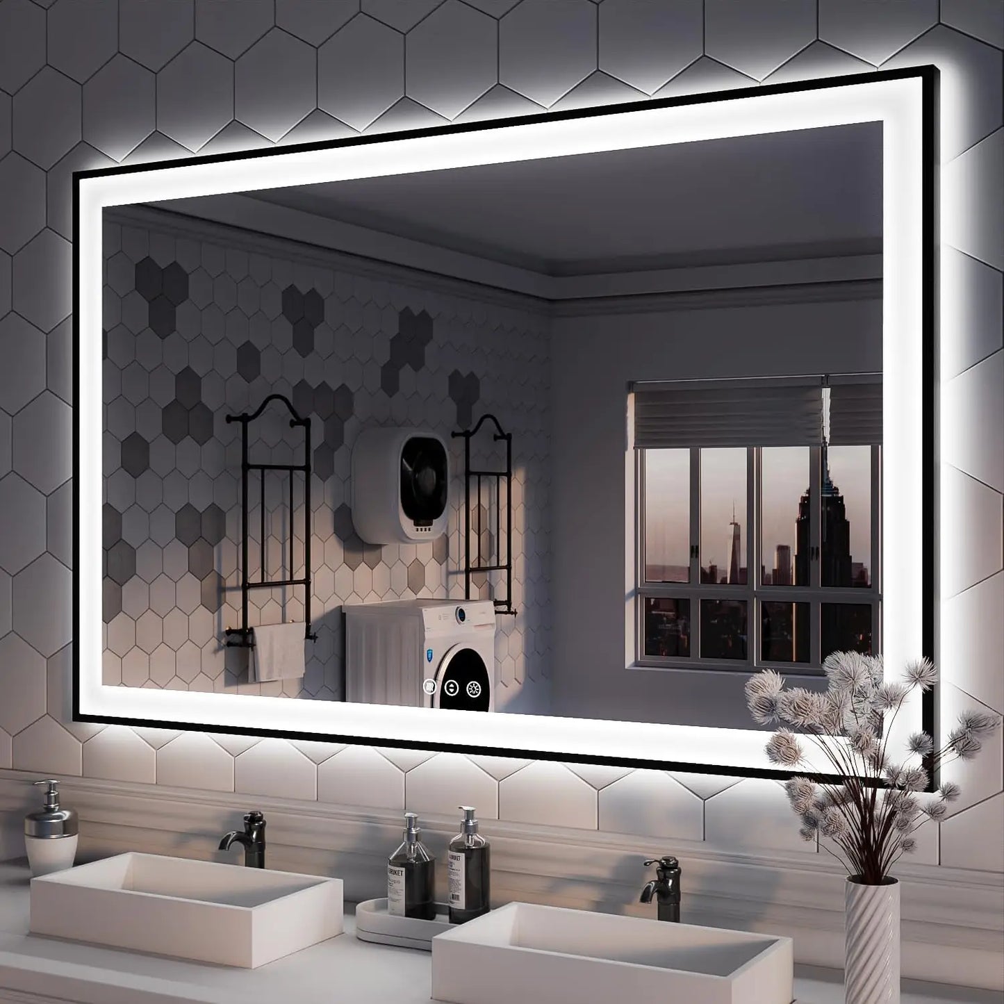 Modern Rectangular LED Light Wall-Mounted Smart Mirror for Bathroom Vanity Hotel Illuminated Graphic Design Solution Available