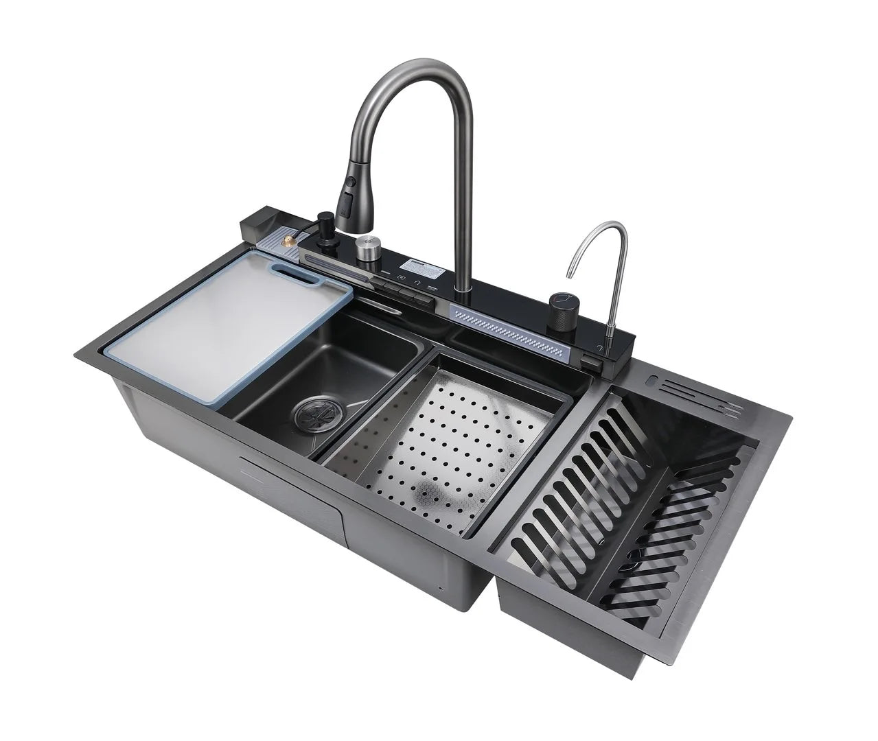 2025 Popular Large Single Slot Multifunction Sink Anti-Scratch LED Digital Display 304 Stainless Steel Waterfall Kitchen Sinks