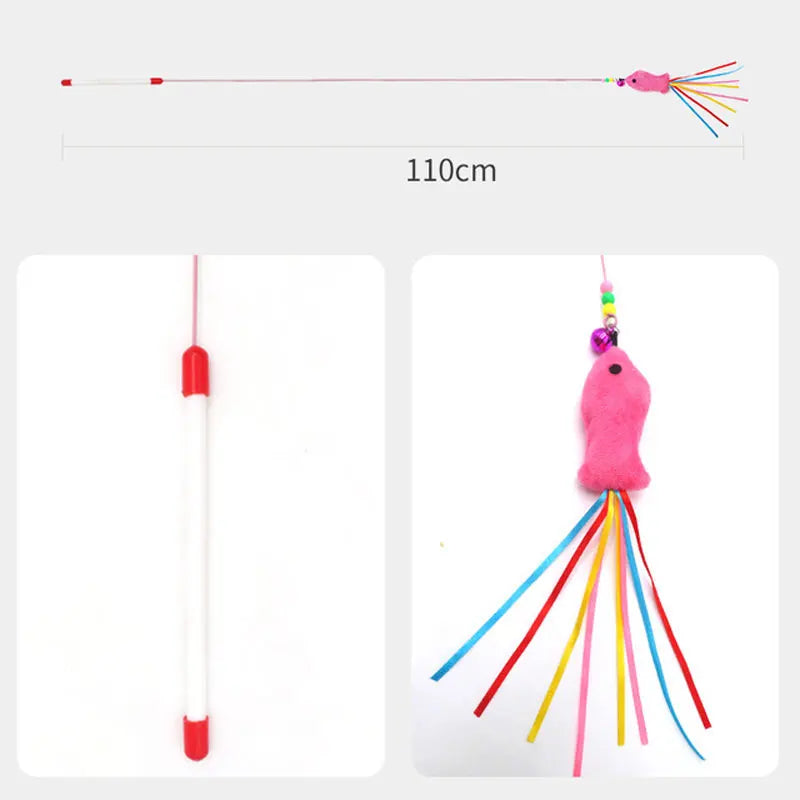 Elastic Metal Boom Tease Cat Stick Funny Wand Toy + 3 Pcs Replaceable Plush Fake Fishes Interactive With Kitten Pets Make Fun