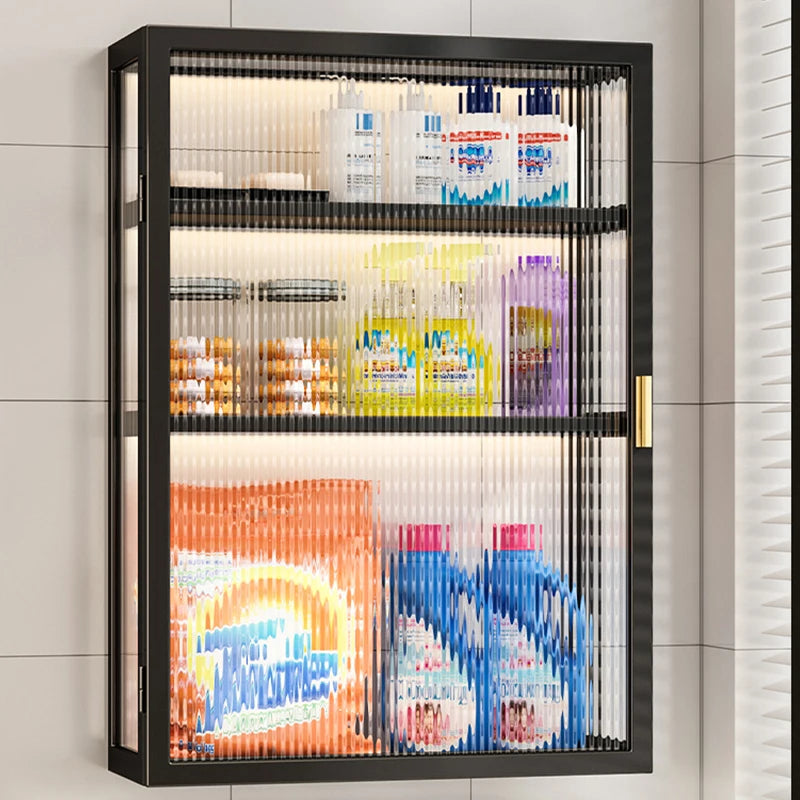 3-Tier Metal Spice Organizer Rack Wall Mount Seasoning Box Punch-Free Bathroom Toilet Vanity Storage Cabinet Dust-Proof Shelf