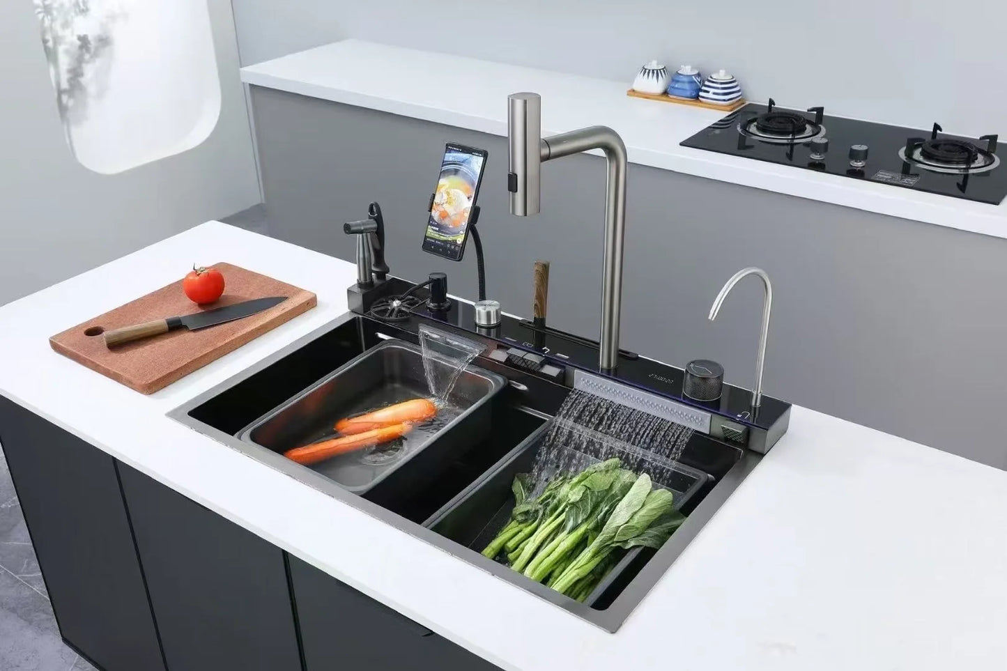 2025 Popular Large Single Slot Multifunction Sink Anti-Scratch LED Digital Display 304 Stainless Steel Waterfall Kitchen Sinks