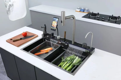 2025 Popular Large Single Slot Multifunction Sink Anti-Scratch LED Digital Display 304 Stainless Steel Waterfall Kitchen Sinks