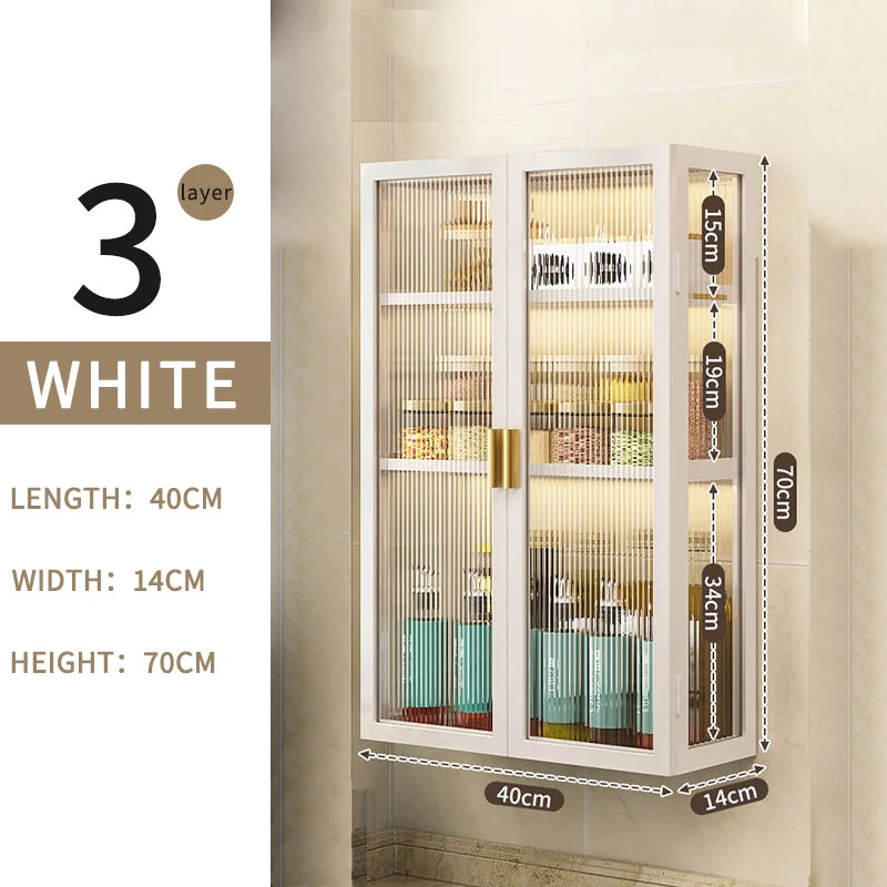 3-Tier Metal Spice Organizer Rack Wall Mount Seasoning Box Punch-Free Bathroom Toilet Vanity Storage Cabinet Dust-Proof Shelf