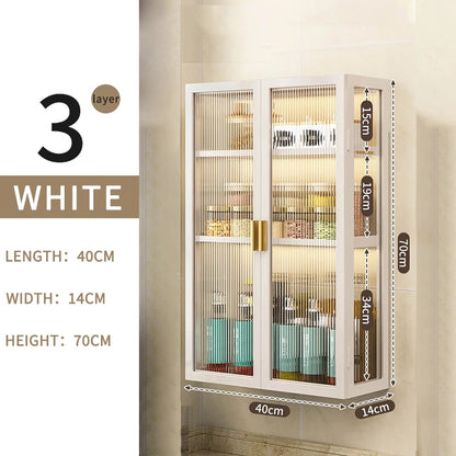 3-Tier Metal Spice Organizer Rack Wall Mount Seasoning Box Punch-Free Bathroom Toilet Vanity Storage Cabinet Dust-Proof Shelf