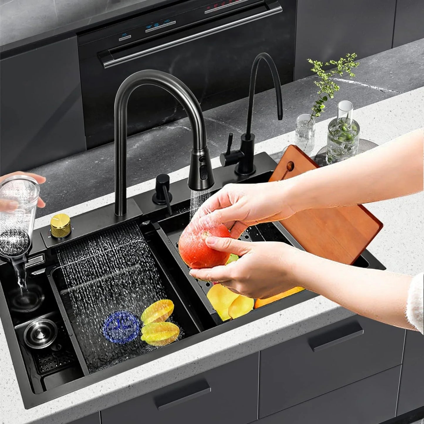 Factory Price Black Color 304 Stainless Steel Kitchen Furniture Waterfall Cup Washer Smart Kitchen Sink for Home