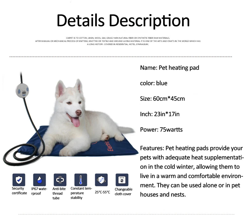 Waterproof Pet Heating Pad for Dogs & Cats – Electric Winter Warmer Blanket 45×60cm | Adjustable Temperature, Anti-Bite Wire & Auto Power-Off Safety