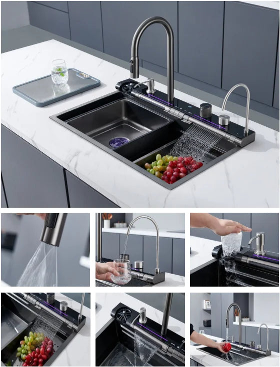 2025 Popular Large Single Slot Multifunction Sink Anti-Scratch LED Digital Display 304 Stainless Steel Waterfall Kitchen Sinks