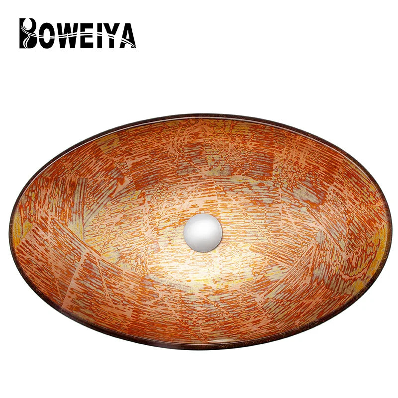 Apartment Modern Gold Painted Orange Engraving Design Lavabo Oval Glass Bathroom Sink Vanity Wash Basin