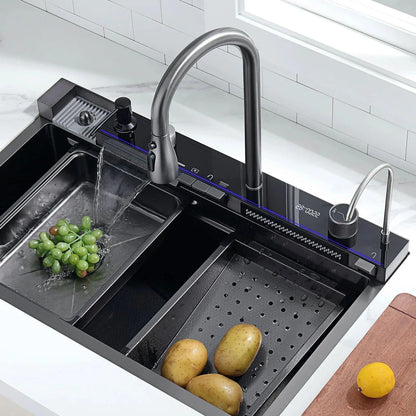Popular Large Single Bowl Multi-function Sink Scratch Resistant LED Digital Display 304 Stainless Steel Waterfall Kitchen Sink