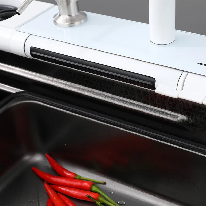 Modern 304 Stainless Steel Single Bowl Kitchen Sink with White Waterfall Faucet Multifunctional Square Shape