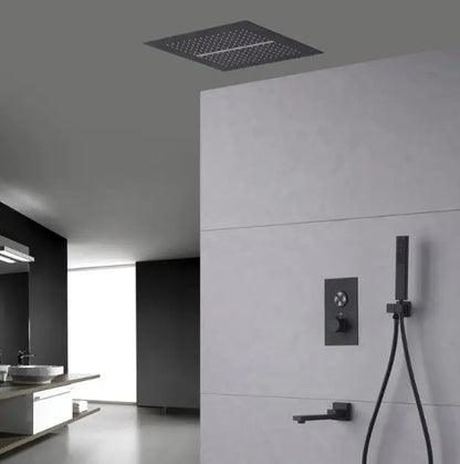 400*400 mm Square Shape Black Concealed Ceiling Rainfall Shower System with 4 Ways Waterfall Rainfall Shower Faucet Set