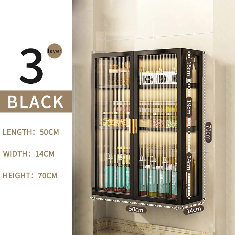 3-Tier Metal Spice Organizer Rack Wall Mount Seasoning Box Punch-Free Bathroom Toilet Vanity Storage Cabinet Dust-Proof Shelf