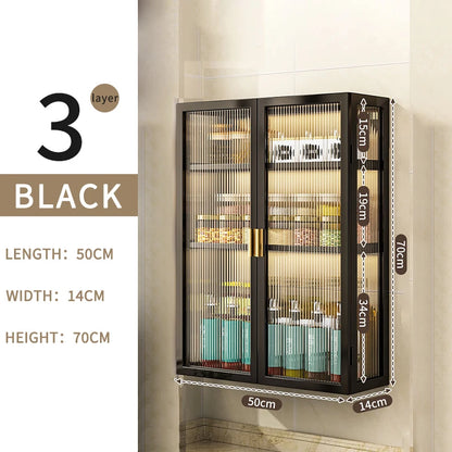 3-Tier Metal Spice Organizer Rack Wall Mount Seasoning Box Punch-Free Bathroom Toilet Vanity Storage Cabinet Dust-Proof Shelf