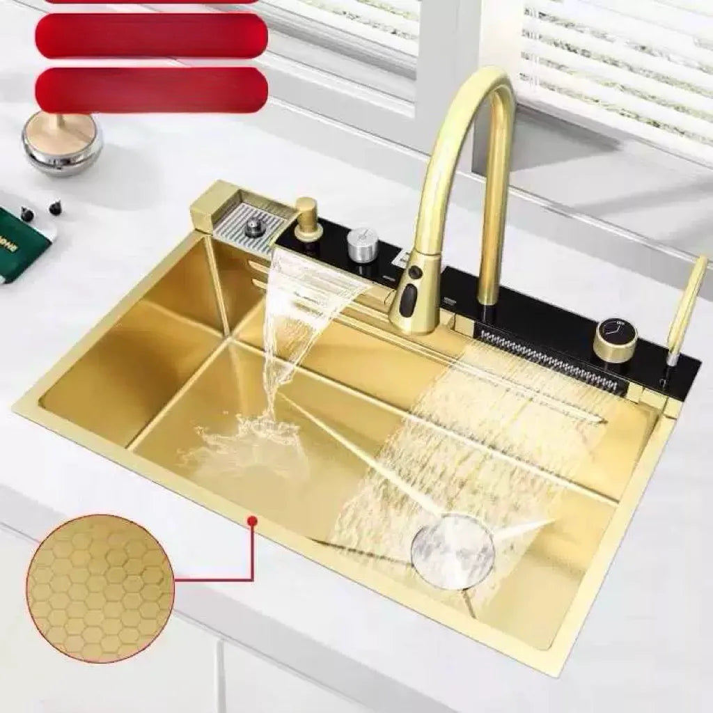 Popular Large Single Bowl Multi-function Sink Scratch Resistant LED Digital Display 304 Stainless Steel Waterfall Kitchen Sink