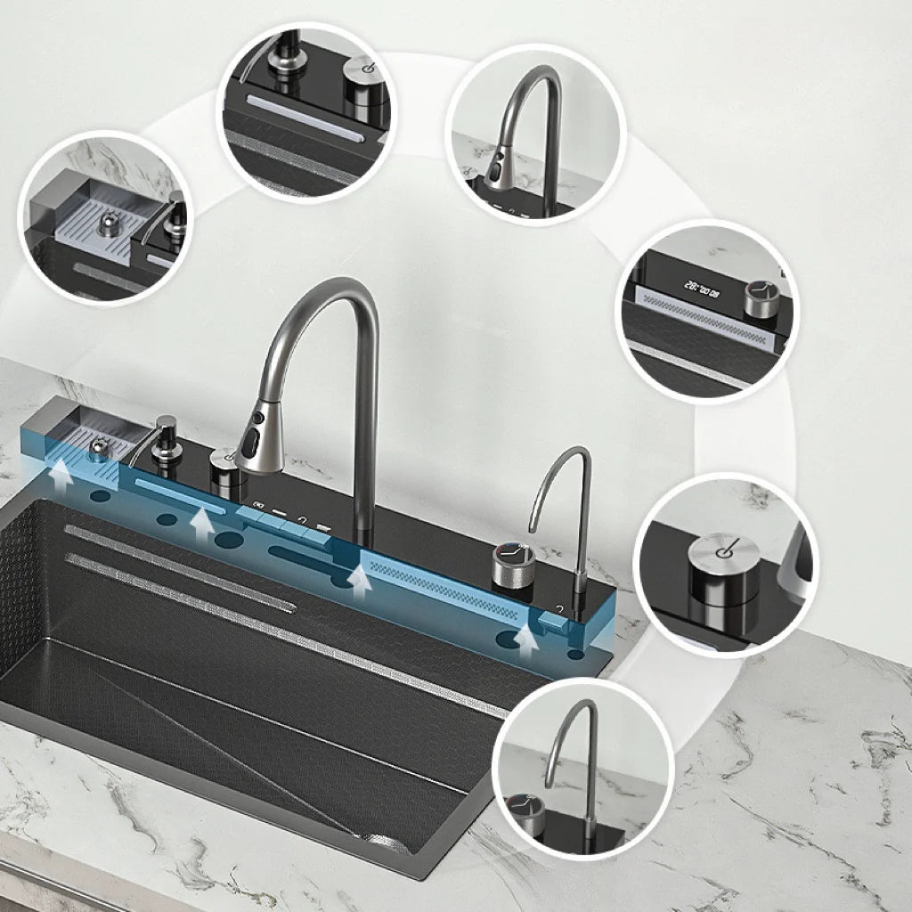 Hot Sale Stainless Steel 304 Single Bowl Kitchen Handmade Sinks Counter Single Piano Button Waterfall Design with Faucet
