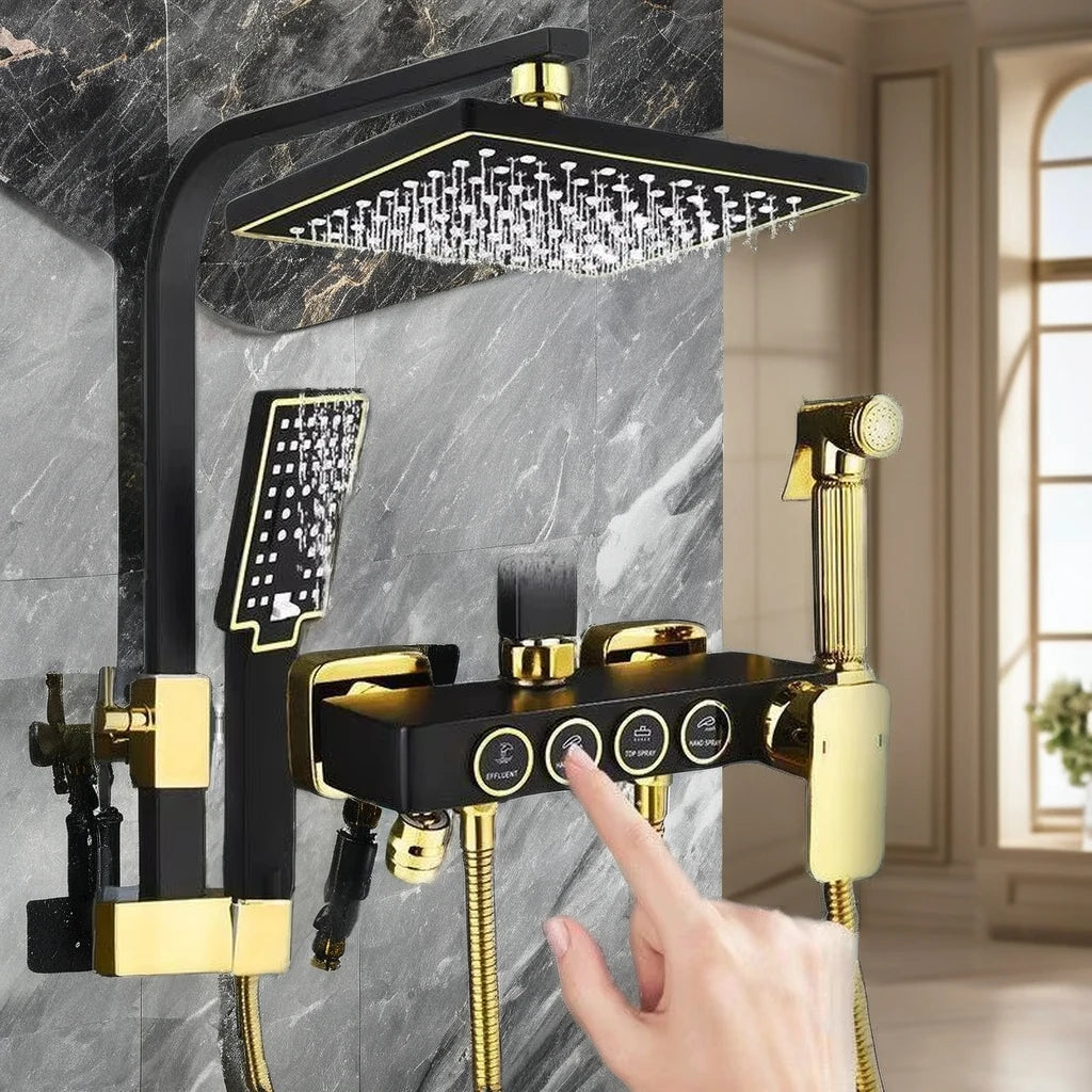 Single-Handle Thermostated Brass Bath Faucets Black Gold Square Bathroom Shower System Rainfall Soft Ceramic Hotels Villas