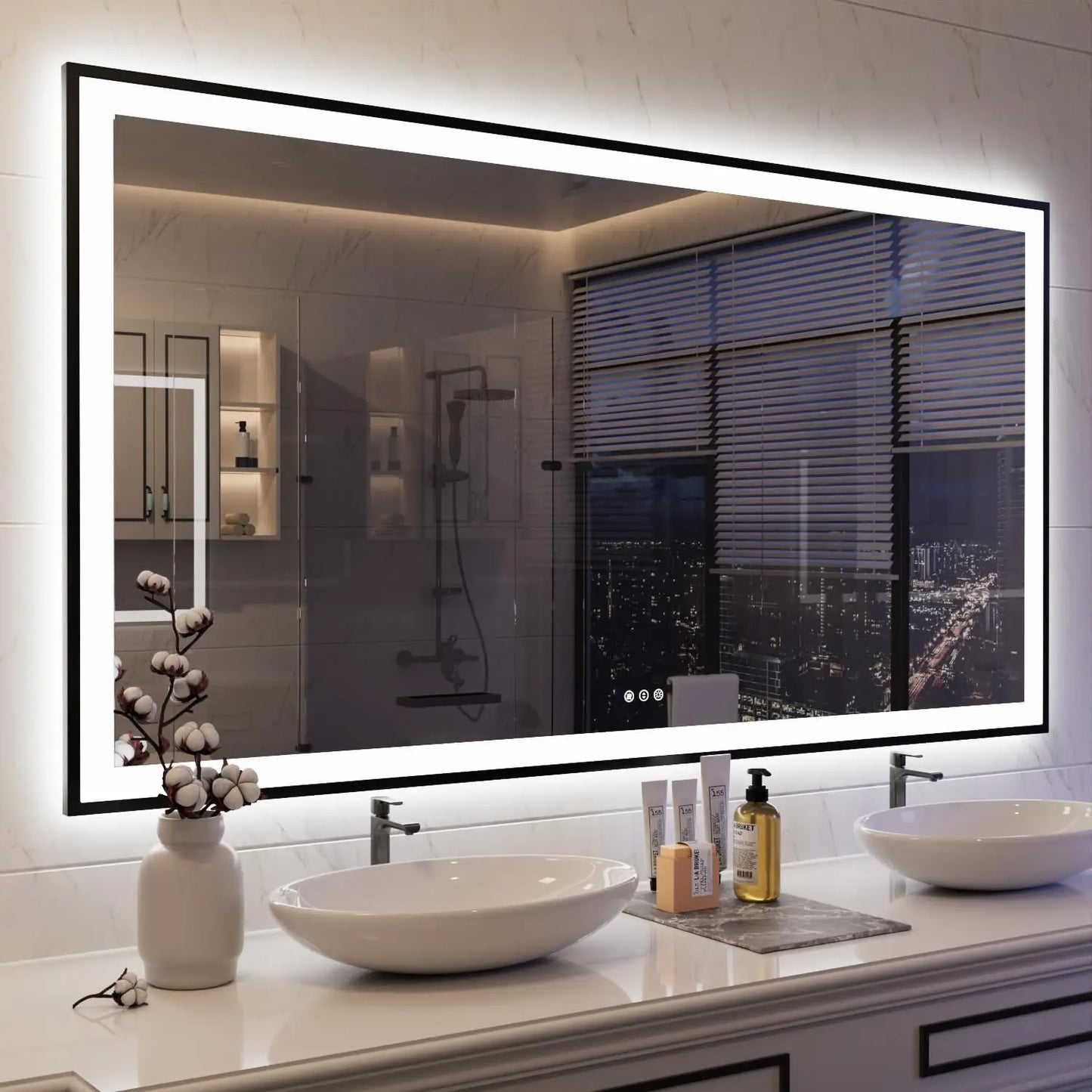 Modern Rectangular LED Light Wall-Mounted Smart Mirror for Bathroom Vanity Hotel Illuminated Graphic Design Solution Available