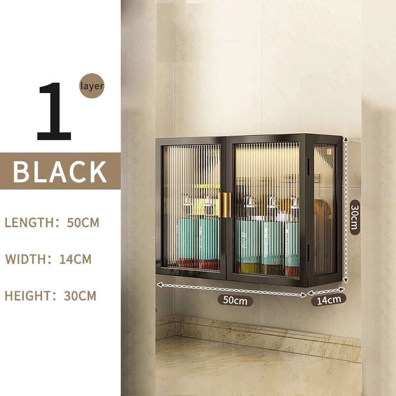 3-Tier Metal Spice Organizer Rack Wall Mount Seasoning Box Punch-Free Bathroom Toilet Vanity Storage Cabinet Dust-Proof Shelf
