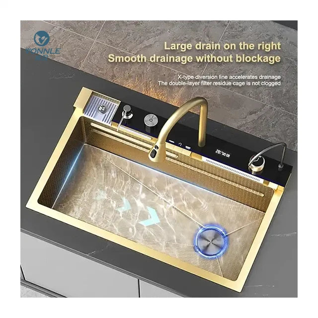 Tiktok New Trend Gold Waterfall One Piece Faucet Nano 304 Sus Waterfall Faucet 5 Piano Key Golden Farmhouse Kitchen Sinks