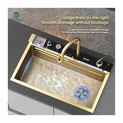 Tiktok New Trend Gold Waterfall One Piece Faucet Nano 304 Sus Waterfall Faucet 5 Piano Key Golden Farmhouse Kitchen Sinks