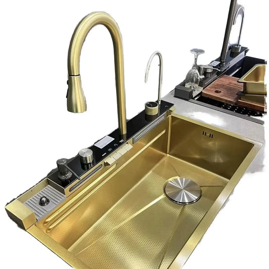 Feiyu Handmade 304 Stainless Steel Single-Slot Complete Kitchen Sink Set Waterfall Dish Basin Faucet 4mm Thickened Honeycomb