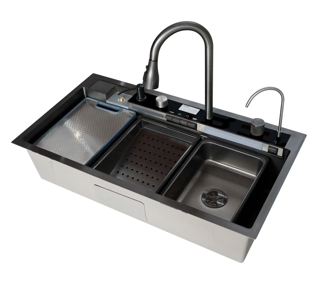 2025 Popular Large Single Slot Multifunction Sink Anti-Scratch LED Digital Display 304 Stainless Steel Waterfall Kitchen Sinks