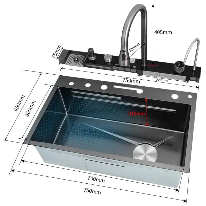 304 SS Multifunction Black Undermount Modern Waterfall Smart Kitchen Sinks Stainless Steel Modern Pull Out Kitchen Sink