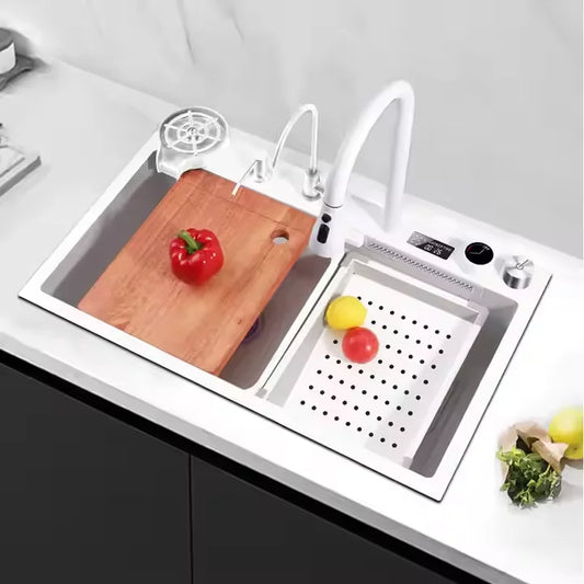 Tiktok Hot Sale Stainless Steel 304 White Gunmetal White Waterfall Digital Display Faucet Kitchen Sinks With Cup Washer