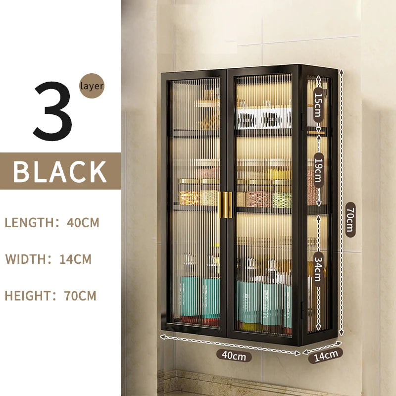 3-Tier Metal Spice Organizer Rack Wall Mount Seasoning Box Punch-Free Bathroom Toilet Vanity Storage Cabinet Dust-Proof Shelf