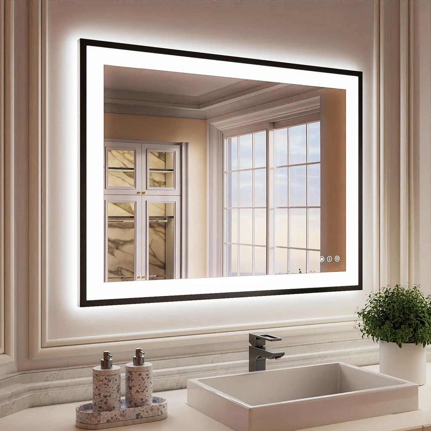 Modern Rectangular LED Light Wall-Mounted Smart Mirror for Bathroom Vanity Hotel Illuminated Graphic Design Solution Available