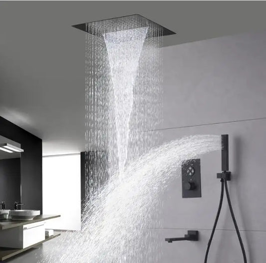 400*400 mm Square Shape Black Concealed Ceiling Rainfall Shower System with 4 Ways Waterfall Rainfall Shower Faucet Set