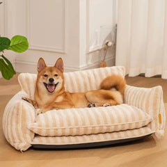 Luxury Striped Lambswool Pet Sofa Bed – Eco-Friendly Double Layer Couch for Dogs & Cats | Custom Logo Available