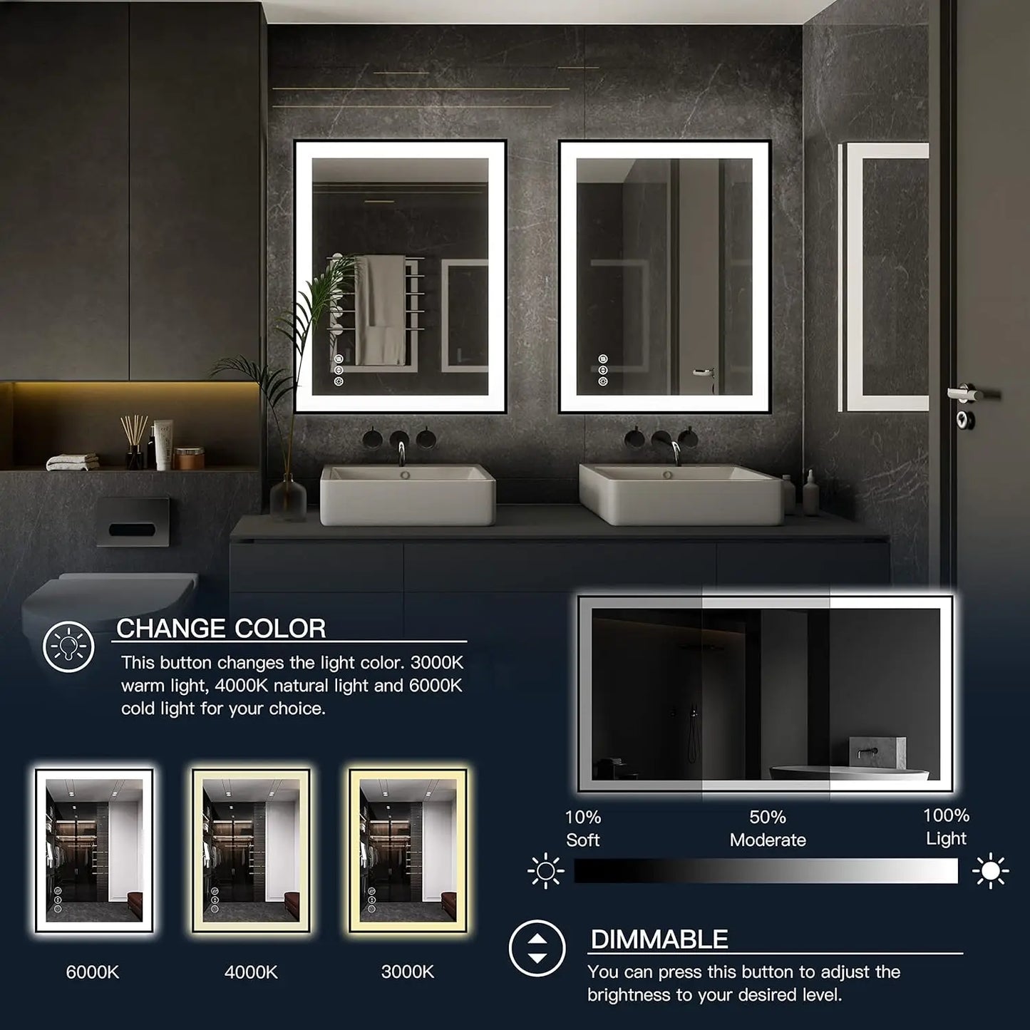 Modern Rectangular LED Light Wall-Mounted Smart Mirror for Bathroom Vanity Hotel Illuminated Graphic Design Solution Available