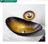 Apartment Modern Gold Painted Orange Engraving Design Lavabo Oval Glass Bathroom Sink Vanity Wash Basin