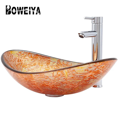 Apartment Modern Gold Painted Orange Engraving Design Lavabo Oval Glass Bathroom Sink Vanity Wash Basin