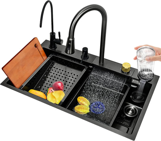 Factory Price Black Color 304 Stainless Steel Kitchen Furniture Waterfall Cup Washer Smart Kitchen Sink for Home