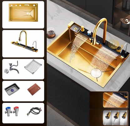 Popular Large Single Bowl Multi-function Sink Scratch Resistant LED Digital Display 304 Stainless Steel Waterfall Kitchen Sink